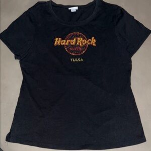 Hard Rock Cafe Black Tee with Orange and Gold Sequin and Sparkle Logo - Tulsa